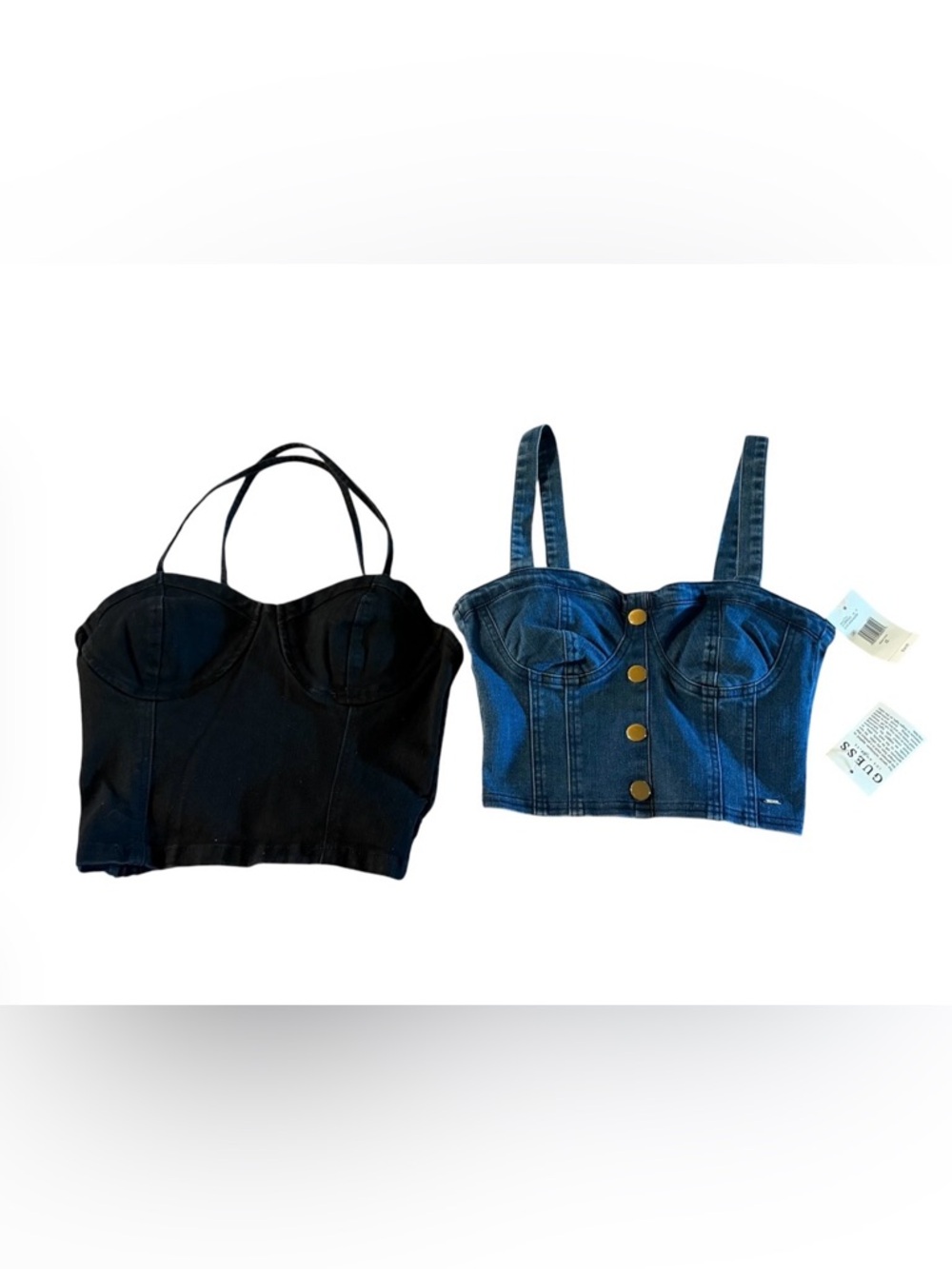 Bebe Black Denim Bustier Crop Top & NWT Guess Blue Denim Crop Top Bundle